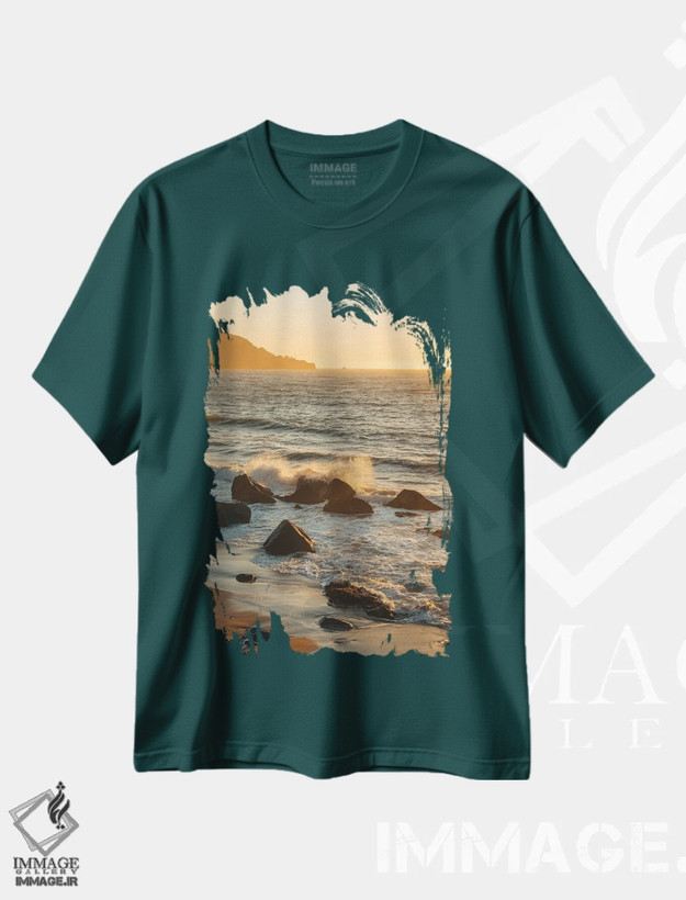 تیشرت سبز طرح دار Marshall Beach,برخورد امواج، ساحل مارشال اثر جان بیلوس