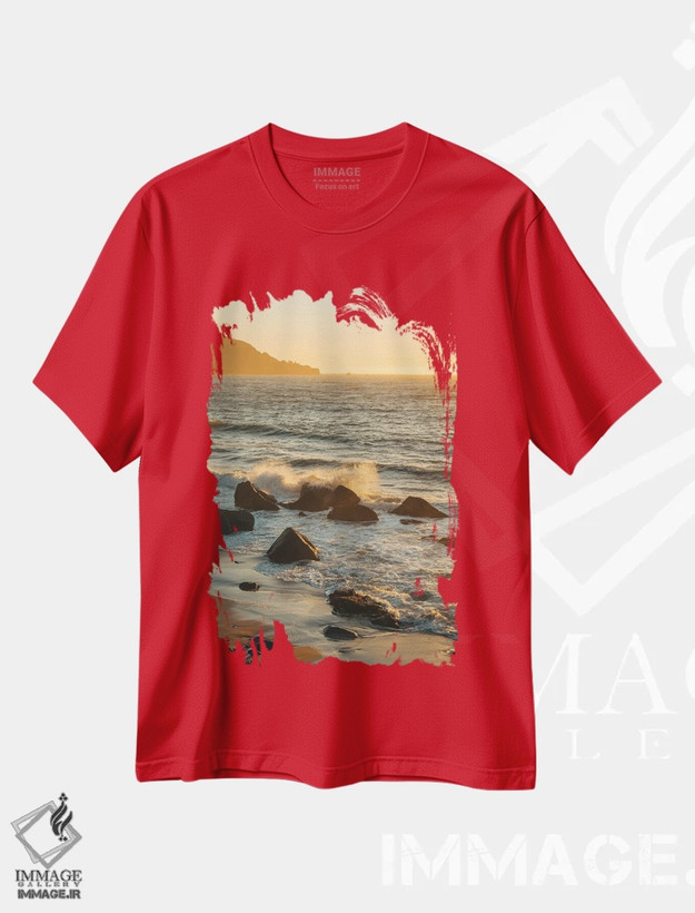 تیشرت قرمز طرح دار Marshall Beach,برخورد امواج، ساحل مارشال اثر جان بیلوس