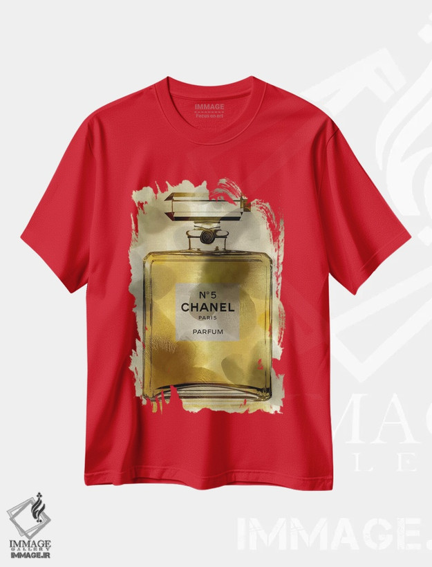 تیشرت قرمز طرح لوکس شنل ,بطری عطر طلایی اثر مدلین بلیک