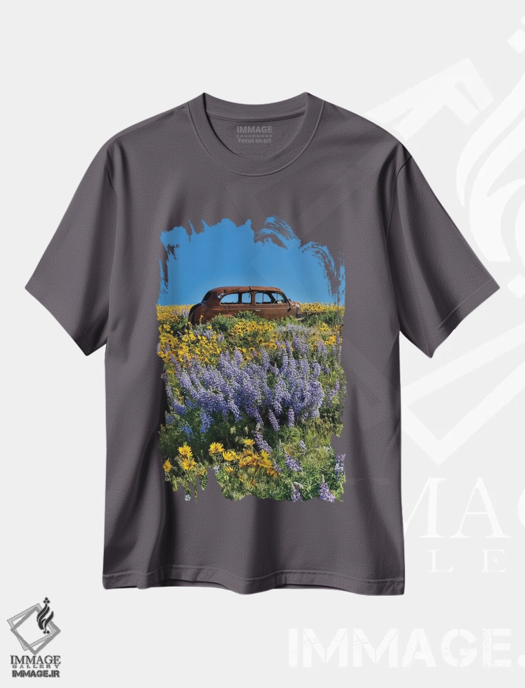 تیشرت طوسی طرح دار Dalles Mountain Ranch State Park, Washington State I,ماشین رها شده در گل های وحشی بهاری، پارک ایالتی دالز مانتین رنچ، واشنگتن اثر دارل گالین