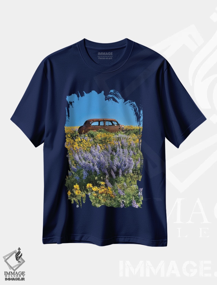 تیشرت سرمه ای طرح دار Dalles Mountain Ranch State Park, Washington State I,ماشین رها شده در گل های وحشی بهاری، پارک ایالتی دالز مانتین رنچ، واشنگتن اثر دارل گالین