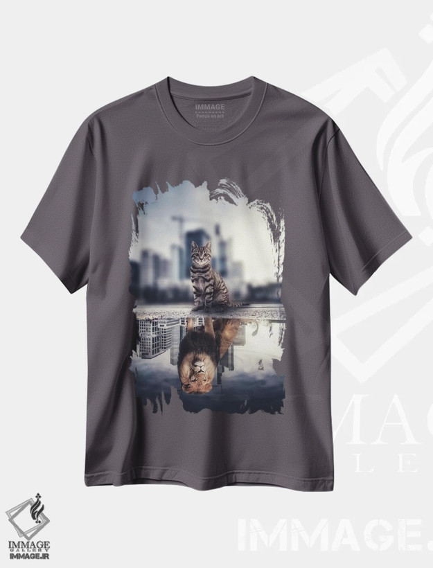 تیشرت طوسی طرح دار A Reflection Cat In Puddle,شهر شیر؛ بازتاب گربه در آب جمع شده اثر جن زد