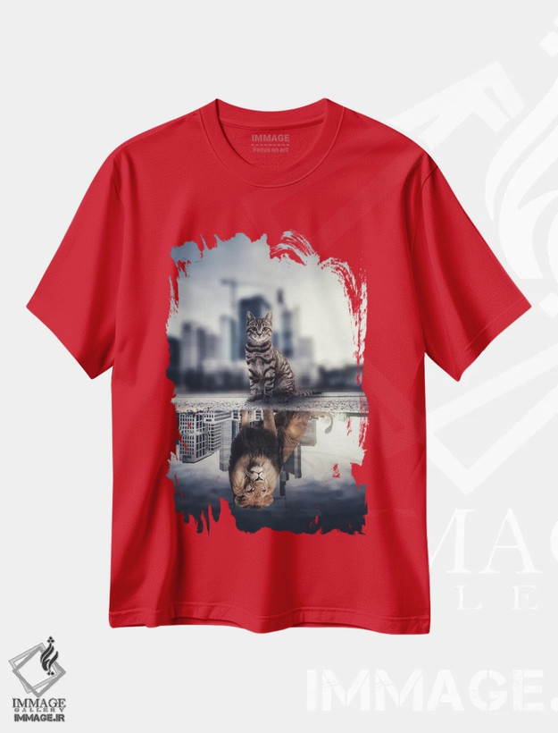 تیشرت قرمز طرح دار A Reflection Cat In Puddle,شهر شیر؛ بازتاب گربه در آب جمع شده اثر جن زد