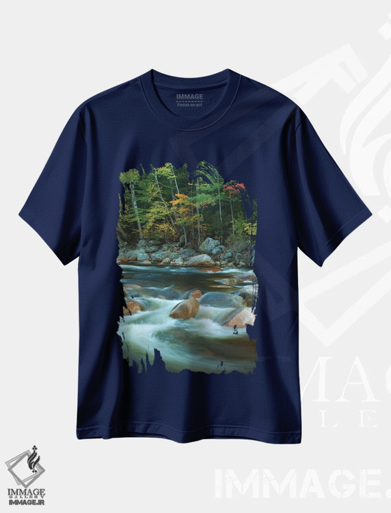 تیشرت سرمه ای طرح دار New Hampshire. Autumn trees and flowing river.,آمریکا، نیوهمپشایر. درختان پاییزی و رودخانه روان اثر جینز گالری