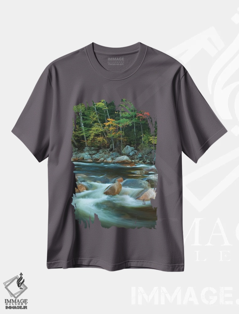 تیشرت طوسی طرح دار New Hampshire. Autumn trees and flowing river.,آمریکا، نیوهمپشایر. درختان پاییزی و رودخانه روان اثر جینز گالری