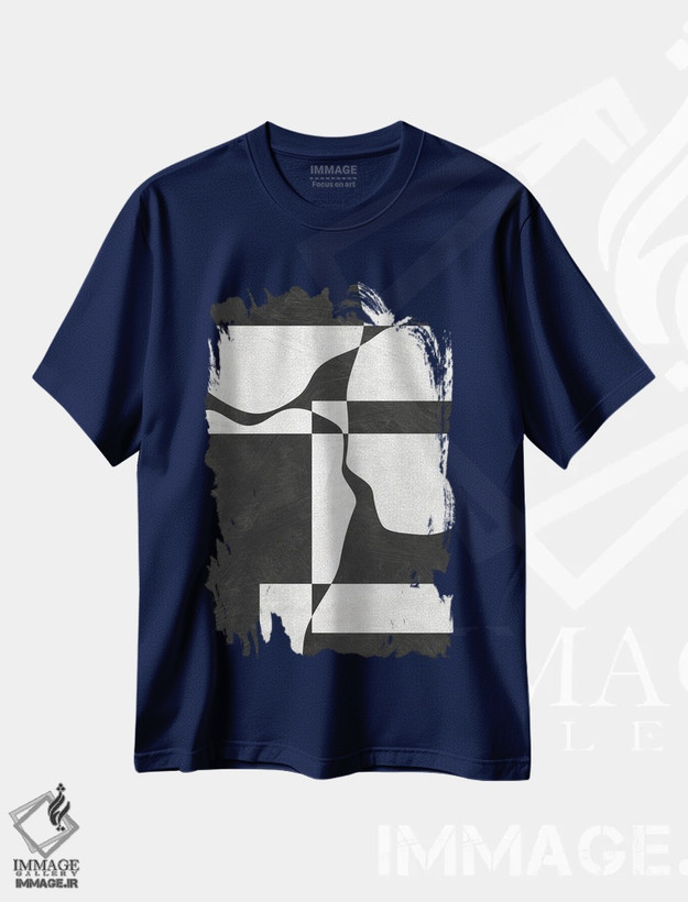 تیشرت سرمه ای طرح دار اشکال سه سر مینیمال سیاه و سفید اثر ام سی دیزاین لب