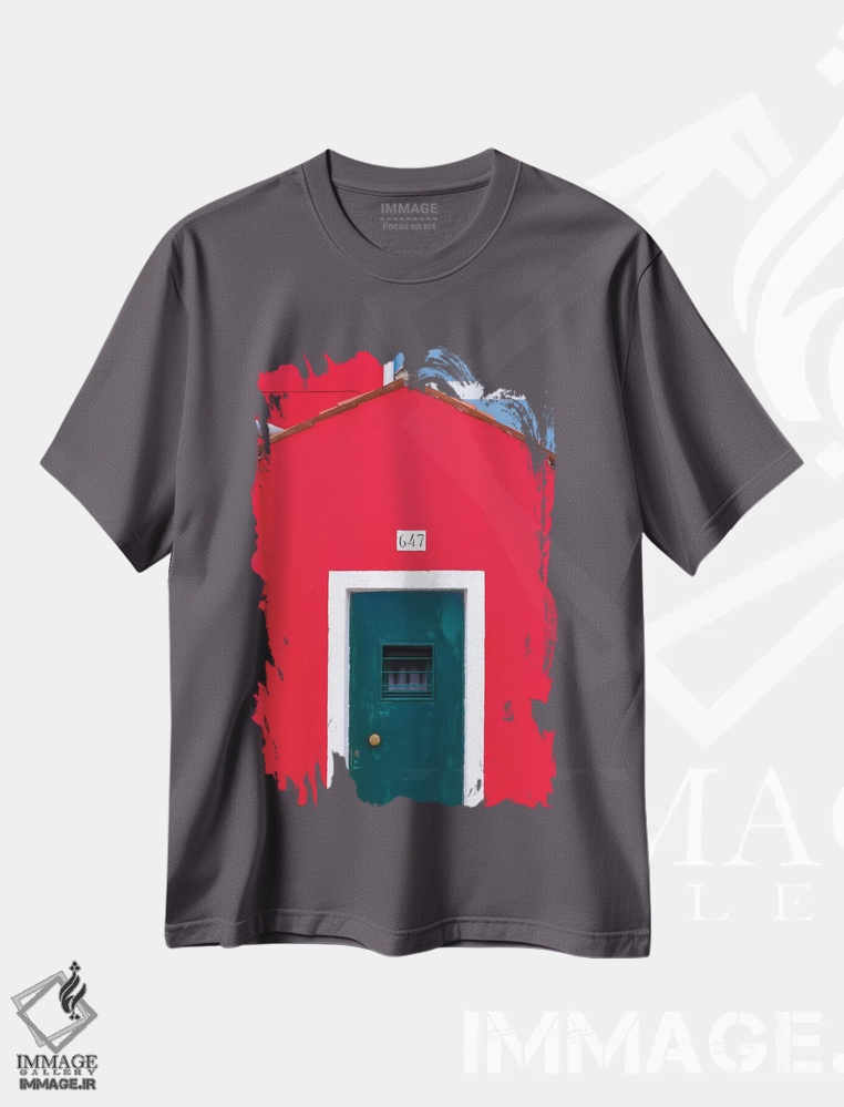تیشرت طوسی طرح دار Burano. Colorful House Exterior.,ایتالیا، بورانو. نمای بیرونی خانه رنگارنگ اثر جینز گالری