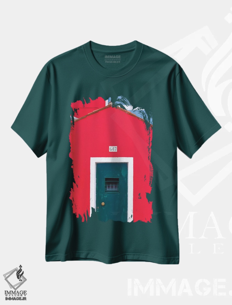 تیشرت سبز طرح دار Burano. Colorful House Exterior.,ایتالیا، بورانو. نمای بیرونی خانه رنگارنگ اثر جینز گالری