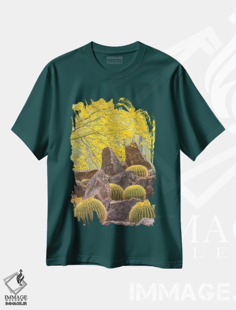 تیشرت سبز طرح دار Arizona, Desert Botanic Garden. Cactus garden and rocks.,آمریکا، آریزونا، باغ گیاهان بیابانی. باغ کاکتوس و صخره ها اثر جینز گالری