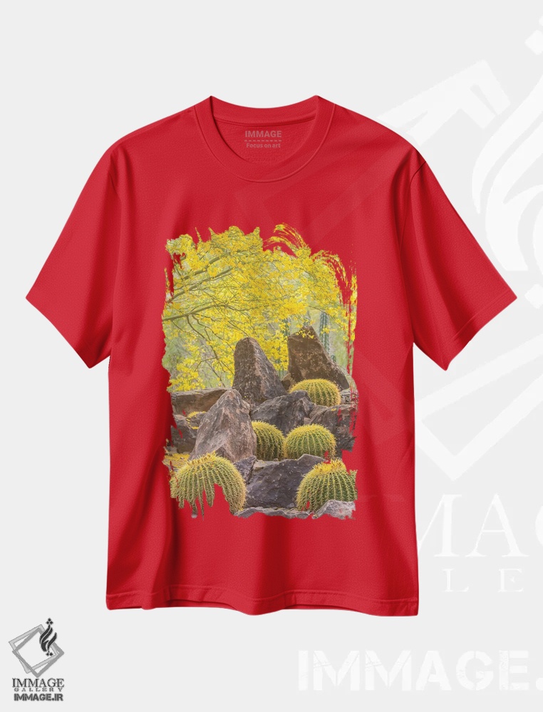 تیشرت قرمز طرح دار Arizona, Desert Botanic Garden. Cactus garden and rocks.,آمریکا، آریزونا، باغ گیاهان بیابانی. باغ کاکتوس و صخره ها اثر جینز گالری