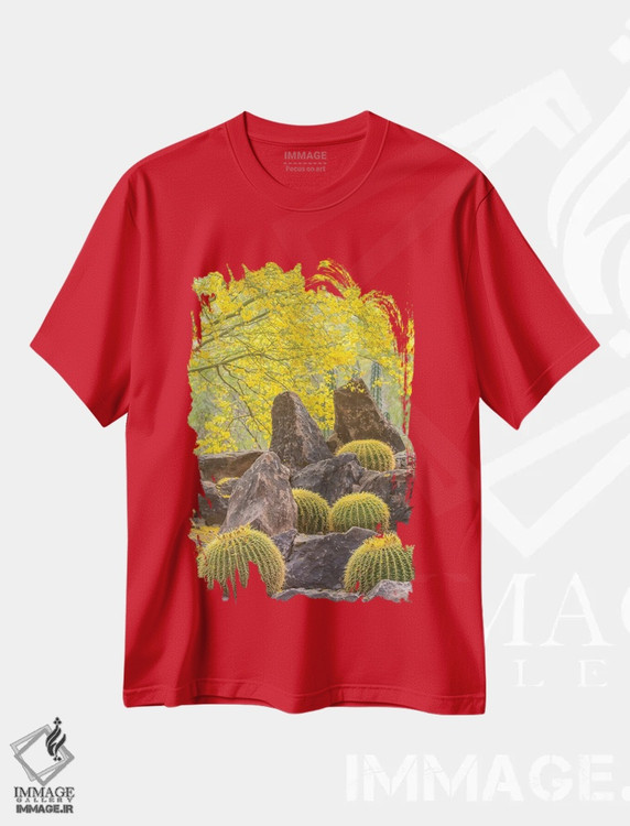 تیشرت قرمز طرح دار Arizona, Desert Botanic Garden. Cactus garden and rocks.,آمریکا، آریزونا، باغ گیاهان بیابانی. باغ کاکتوس و صخره ها اثر جینز گالری