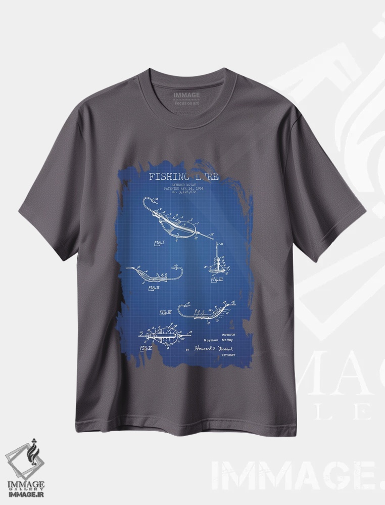 تیشرت طوسی طرح دار طرح پتنت طعمه ماهیگیری ریموند مک ویشماره ۲ اثر پیکسل کهنه