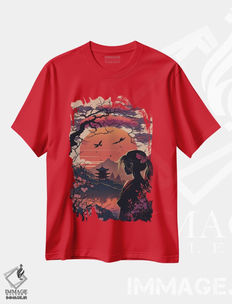 تیشرت قرمز طرح دار باغ ژاپنی اثر دورو آرت