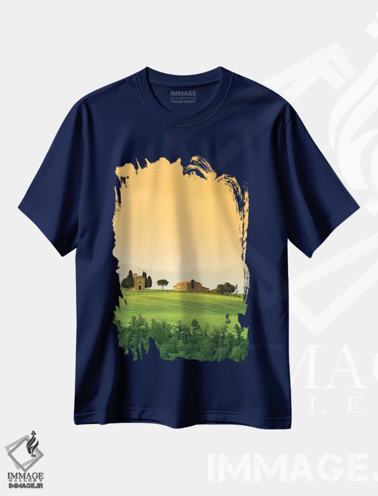 تیشرت سرمه ای طرح دار Tuscany. Landscape with church and villa.,ایتالیا، توسکانی. چشم انداز با کلیسا و ویلا اثر جینز گالری