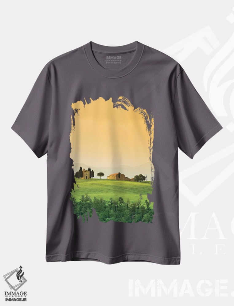 تیشرت طوسی طرح دار Tuscany. Landscape with church and villa.,ایتالیا، توسکانی. چشم انداز با کلیسا و ویلا اثر جینز گالری