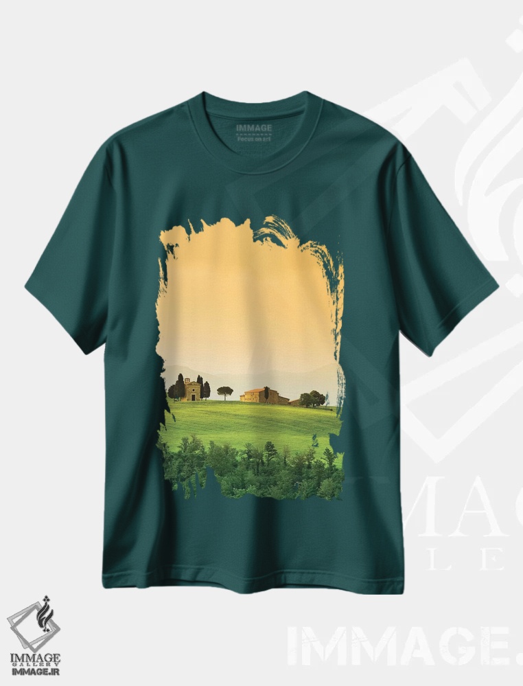 تیشرت سبز طرح دار Tuscany. Landscape with church and villa.,ایتالیا، توسکانی. چشم انداز با کلیسا و ویلا اثر جینز گالری