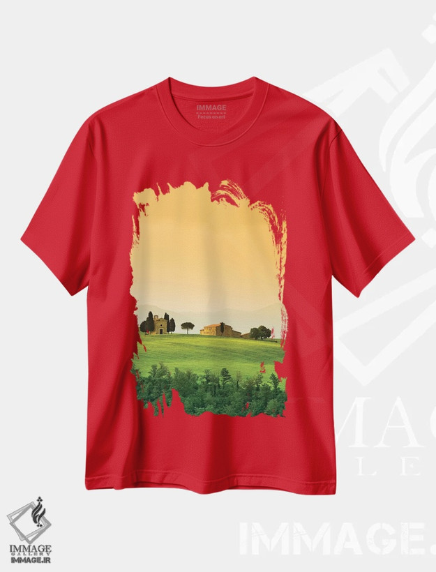 تیشرت قرمز طرح دار Tuscany. Landscape with church and villa.,ایتالیا، توسکانی. چشم انداز با کلیسا و ویلا اثر جینز گالری