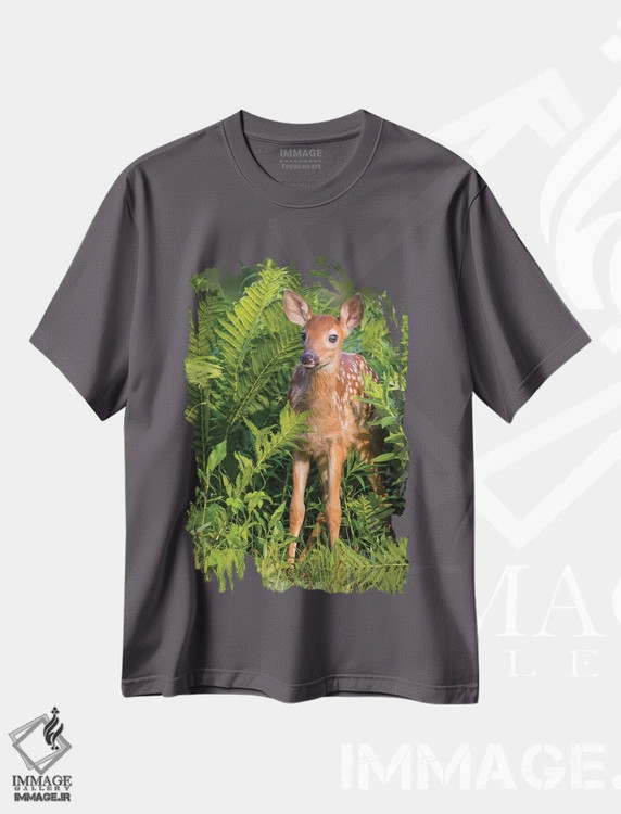 تیشرت طوسی طرح دار USA, Minnesota, Sandstone, Minnesota Wildlife Connection.,گوزن دم سفید جوان در میان سرخس ها ایستاده، ایالات متحده، مینه سوتا، سندستون، مرکز حیات وحش مینه سوتا اثر جینز گالری
