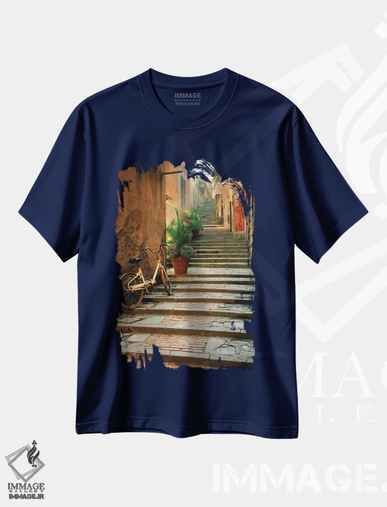 تیشرت سرمه ای طرح دار Cinque Terre, Monterosso. Bicycle and uphill stairway.,ایتالیا، چینکو تره، مونتروسو. دوچرخه و پلکان سربالایی اثر جینز گالری