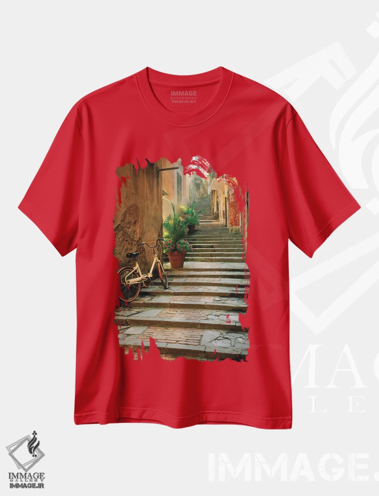 تیشرت قرمز طرح دار Cinque Terre, Monterosso. Bicycle and uphill stairway.,ایتالیا، چینکو تره، مونتروسو. دوچرخه و پلکان سربالایی اثر جینز گالری