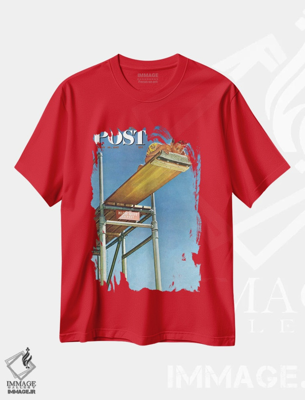 تیشرت قرمز طرح دار پسر روی تخته شیرجه بلند اثر نورمن راکول