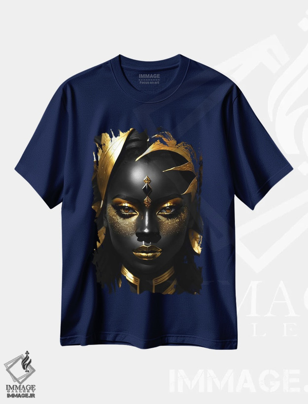 تیشرت سرمه ای طرح دار Gold And Black,پرتره زنی با پوست سیاه و آرایش طلایی، طلایی و سیاه اثر آدریان ویریو