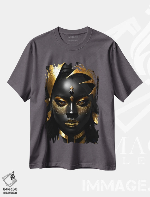 تیشرت طوسی طرح دار Gold And Black,پرتره زنی با پوست سیاه و آرایش طلایی، طلایی و سیاه اثر آدریان ویریو