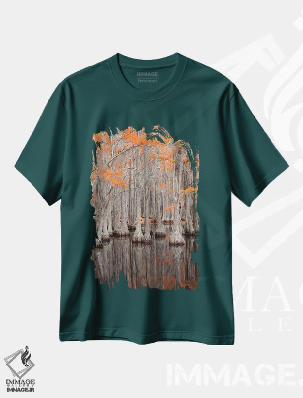 تیشرت سبز طرح دار George Smith State Park, Georgia. Fall cypress trees.,آمریکا، پارک ایالتی جرج اسمیت، جورجیا. درختان سرو در پاییز اثر جوآن ولز