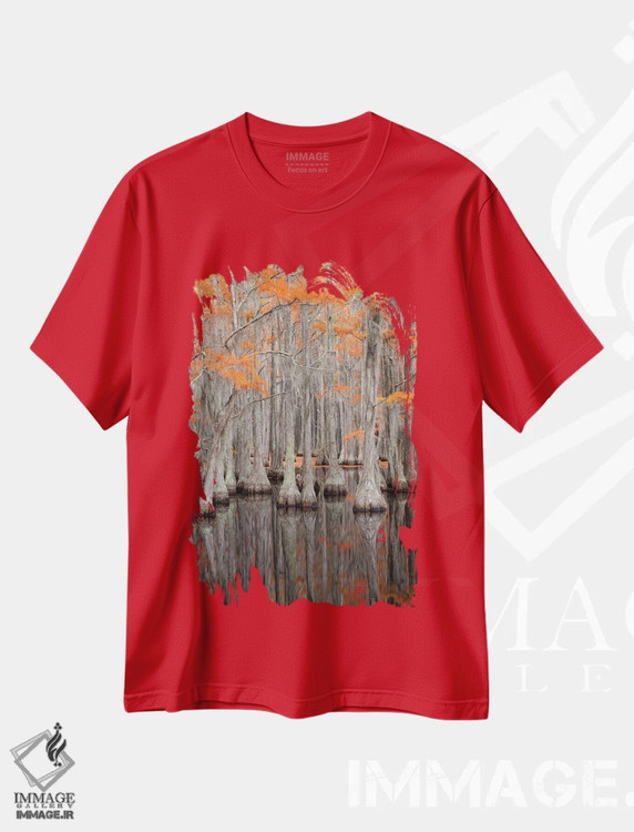 تیشرت قرمز طرح دار George Smith State Park, Georgia. Fall cypress trees.,آمریکا، پارک ایالتی جرج اسمیت، جورجیا. درختان سرو در پاییز اثر جوآن ولز