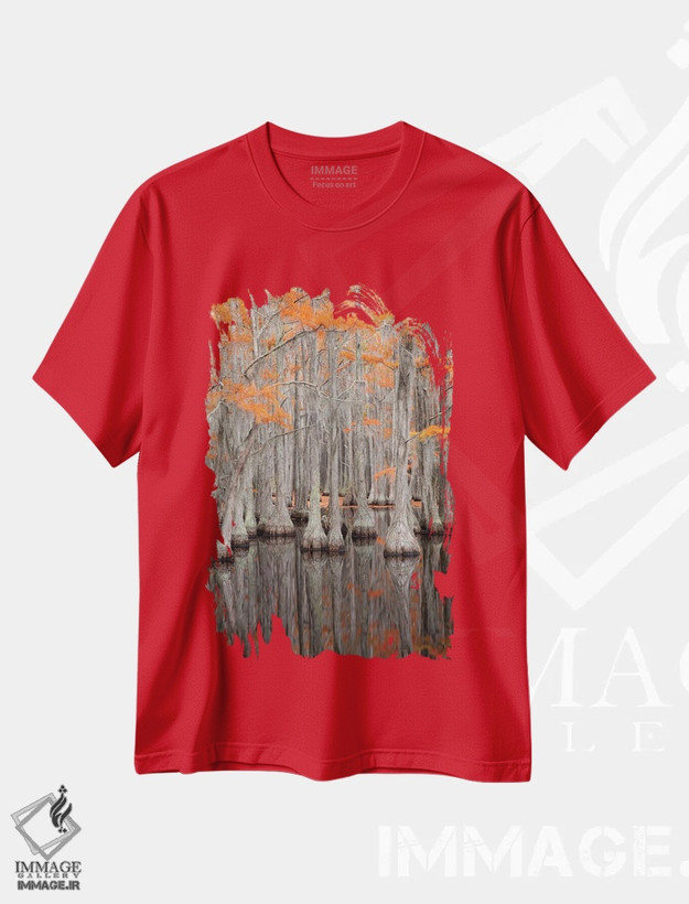 تیشرت قرمز طرح دار George Smith State Park, Georgia. Fall cypress trees.,آمریکا، پارک ایالتی جرج اسمیت، جورجیا. درختان سرو در پاییز اثر جوآن ولز