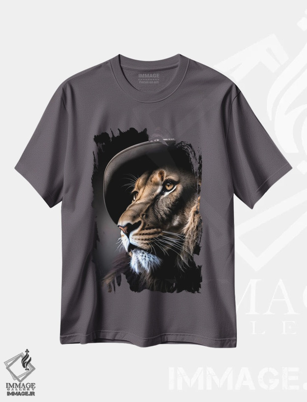 تیشرت طوسی طرح دار Lion's Head,شیر با کلاه، سر شیر اثر آدریان ویریو