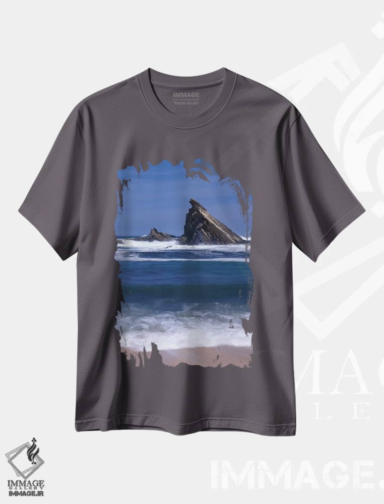 تیشرت طوسی طرح دار Oregon, Shore Acres State Park. Incoming surf and tilted, sandstone sea stack." اثر جان بارگر