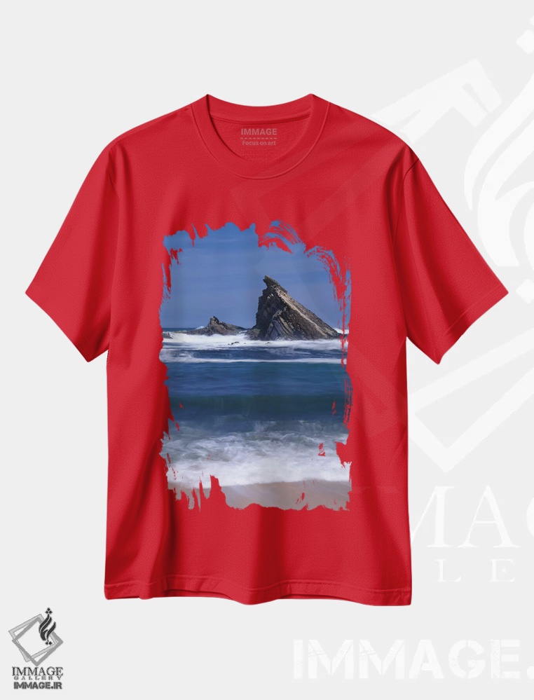 تیشرت قرمز طرح دار Oregon, Shore Acres State Park. Incoming surf and tilted, sandstone sea stack." اثر جان بارگر