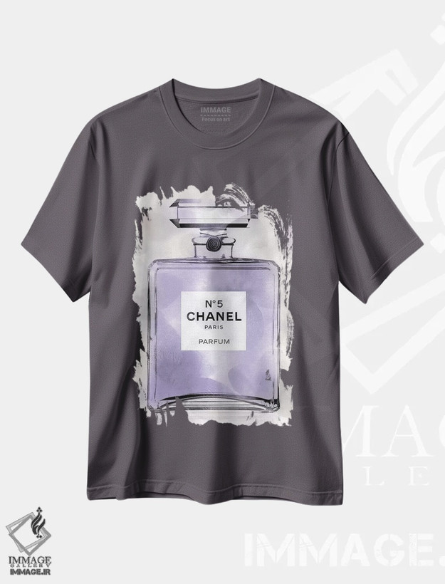 تیشرت طوسی طرح عطر ,بطری عطر بنفش اثر مدلین بلیک