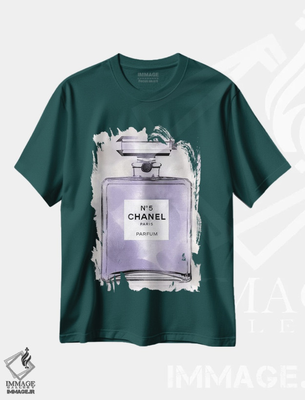 تیشرت سبز طرح عطر ,بطری عطر بنفش اثر مدلین بلیک