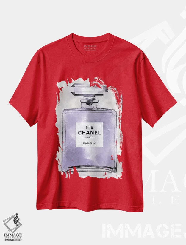 تیشرت قرمز طرح عطر ,بطری عطر بنفش اثر مدلین بلیک