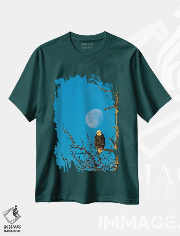 تیشرت سبز طرح دار Alaska, Chilkat Bald Eagle Preserve, bald eagle and moon,ایالات متحده، آلاسکا، منطقه حفاظت شده عقاب سرسفید چیلکت. عقاب سرسفید و ماه. اثر جینز گالری