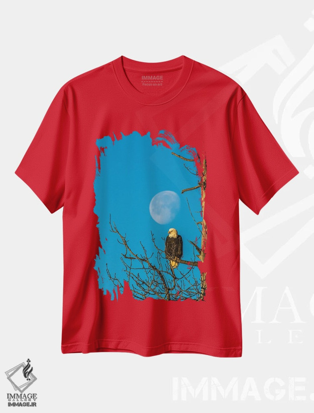 تیشرت قرمز طرح دار Alaska, Chilkat Bald Eagle Preserve, bald eagle and moon,ایالات متحده، آلاسکا، منطقه حفاظت شده عقاب سرسفید چیلکت. عقاب سرسفید و ماه. اثر جینز گالری