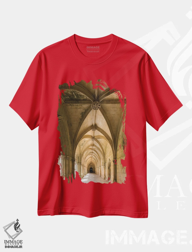 تیشرت قرمز طرح معماری ,the royal cloister, Mosteiro de Santa Maria da Vitoria, Portugal.,کلاوسترو رئال، صومعه پادشاهی، صومعه سانتا ماریا دا ویتوریا، پرتغال اثر مارتین زویک
