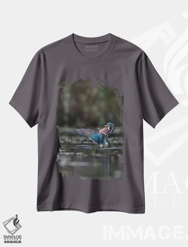 تیشرت طوسی طرح دار Washington State. Male Wood Duckflaps its wings on Union Bay in Seattle.,اردک چوبی نر در حال تکان دادن بال هایش، یونیون بی سیاتل، واشنگتن اثر گری لوهِم