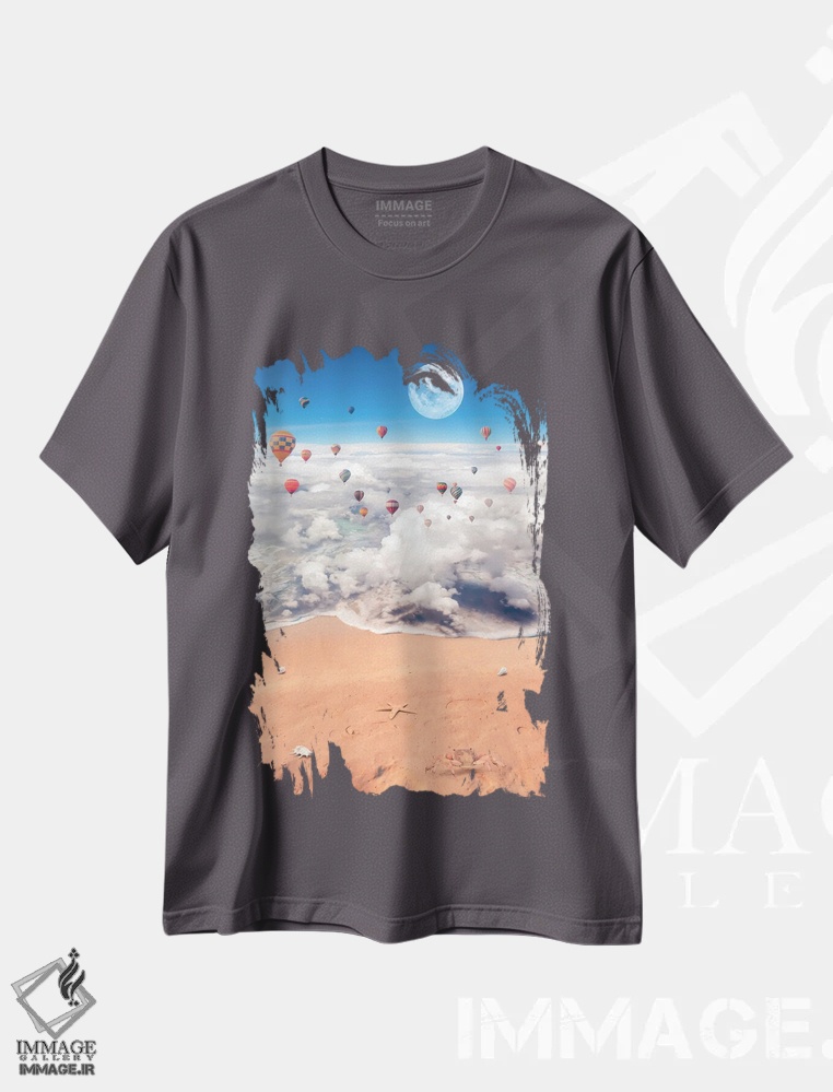 تیشرت طوسی طرح دار Hot Air Balloons And Full Moon,دریای ابرهای فراواقعی، بالون های هوایی و ماه کامل اثر جن زد