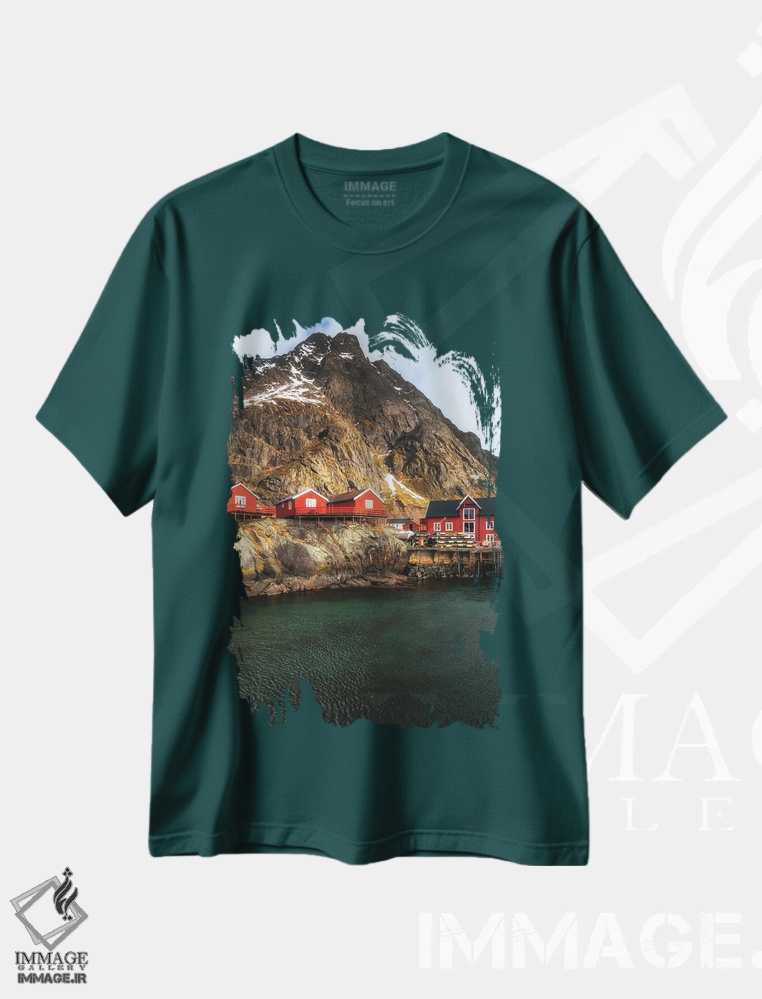 تیشرت سبز طرح دار Lofoten In Norway,کلبه های ماهیگیران، لوفوتن در نروژ اثر میکولاج گوسپودرک