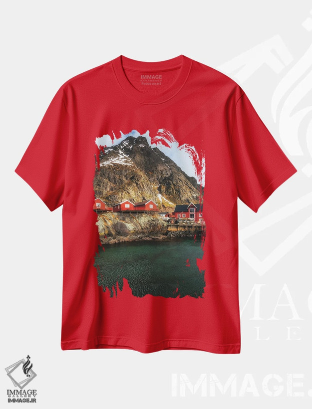 تیشرت قرمز طرح دار Lofoten In Norway,کلبه های ماهیگیران، لوفوتن در نروژ اثر میکولاج گوسپودرک