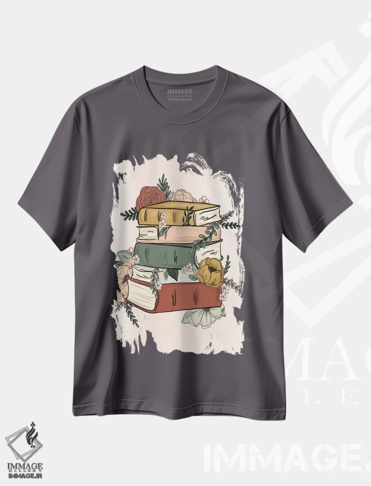 تیشرت طوسی طرح دار کتاب های گل دار اثر کیتی برایانت