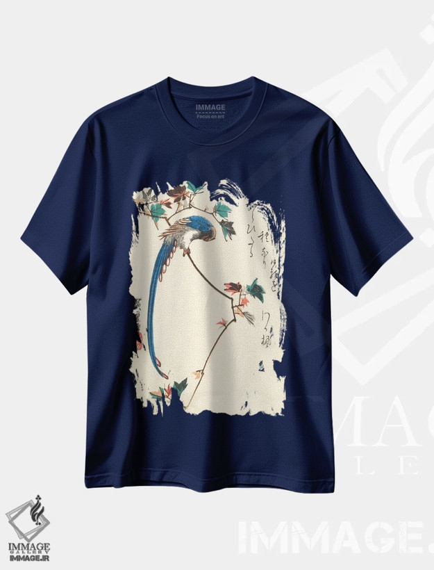 تیشرت سرمه ای طرح دار زاغی آبی بر شاخه افرا اثر اوتاگاوا هیروشگه