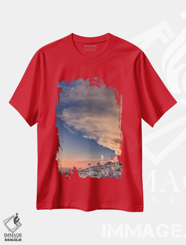 تیشرت قرمز طرح دار غروب ابری، اویا، سانتورینی، سیکلادس، یونان اثر آدام جونز