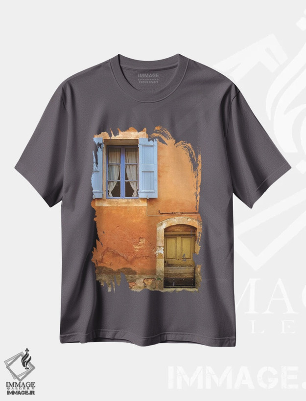 تیشرت طوسی طرح دار Provence, Roussillon. Weathered window and door of house.,فرانسه، پروونس، روسیون. پنجره و در فرسودهٔ خانه اثر جینز گالری