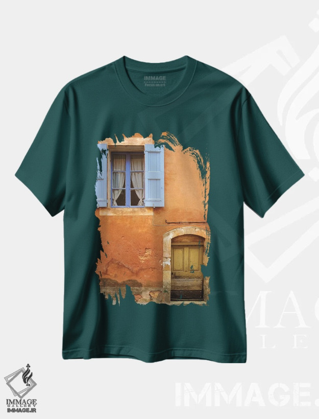 تیشرت سبز طرح دار Provence, Roussillon. Weathered window and door of house.,فرانسه، پروونس، روسیون. پنجره و در فرسودهٔ خانه اثر جینز گالری