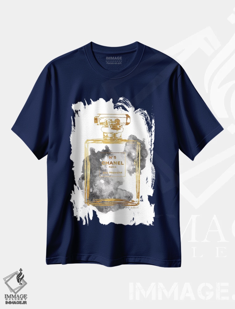 تیشرت سرمه ای طرح دار Gold & Grey,بطری عطر طلایی و خاکستری اثر آماندا گرینوود