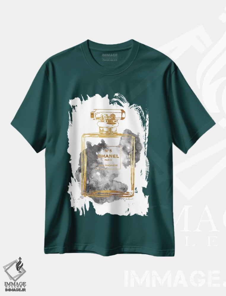 تیشرت سبز طرح دار Gold & Grey,بطری عطر طلایی و خاکستری اثر آماندا گرینوود